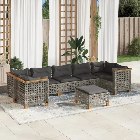 Salon de jardin 8 pcs avec coussins gris résine tressée