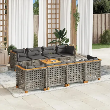 Salon de jardin 9 pcs avec coussins gris résine tressée