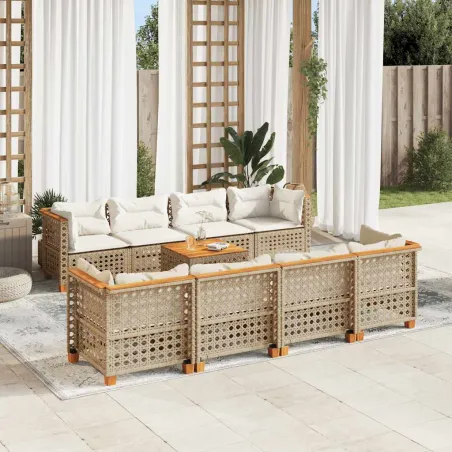 Salon de jardin avec coussins 9 pcs beige résine tressée