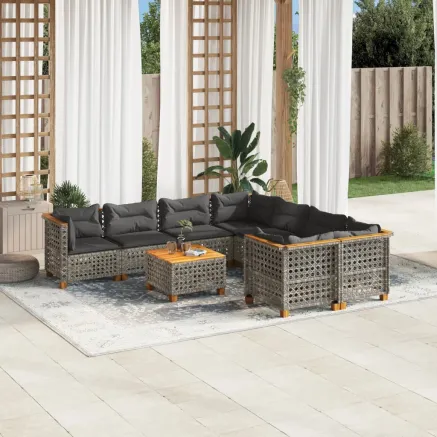 Salon de jardin 9 pcs avec coussins gris résine tressée