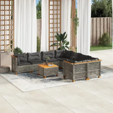Salon de jardin 9 pcs avec coussins gris résine tressée