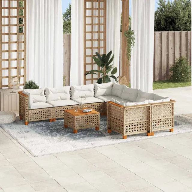Salon de jardin avec coussins 9 pcs beige résine tressée