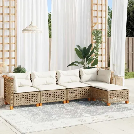 Salon de jardin avec coussins 5 pcs beige résine tressée