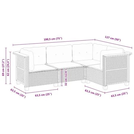 Salon de jardin 4 pcs avec coussins gris résine tressée