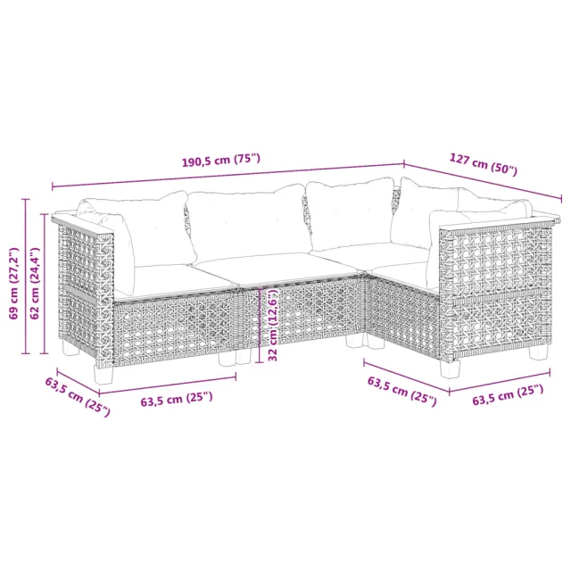 Salon de jardin 4 pcs avec coussins gris résine tressée