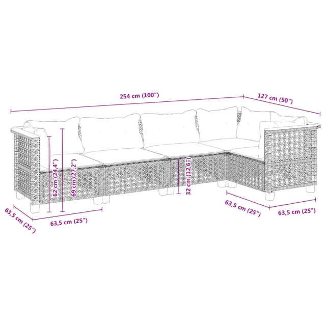 Salon de jardin 5 pcs avec coussins noir résine tressée