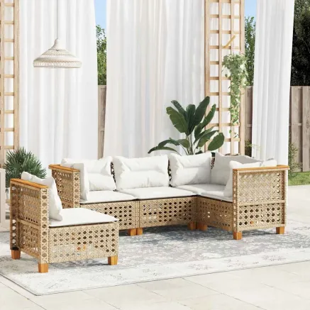 Salon de jardin avec coussins 5 pcs beige résine tressée