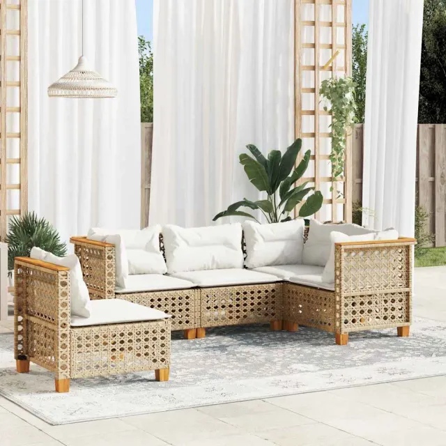 Salon de jardin avec coussins 5 pcs beige résine tressée