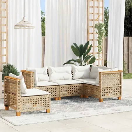 Salon de jardin avec coussins 5 pcs beige résine tressée