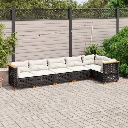 Salon de jardin 6 pcs avec coussins noir résine tressée