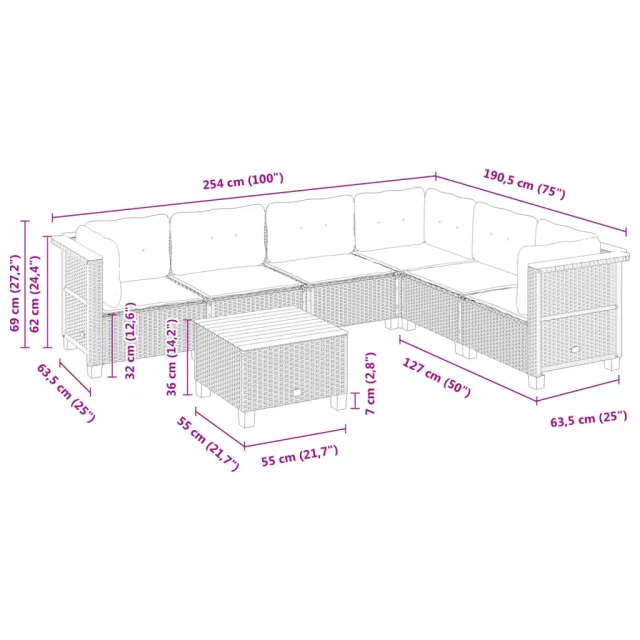 Salon de jardin avec coussins 7 pcs gris résine tressée