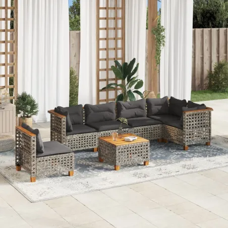 Salon de jardin avec coussins 7 pcs gris résine tressée