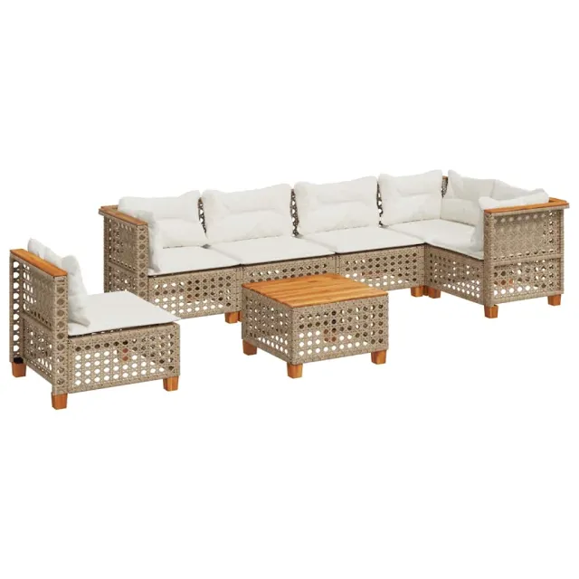 Salon de jardin avec coussins 7 pcs beige résine tressée