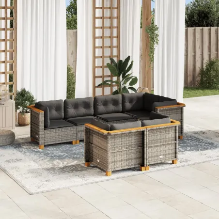 Salon de jardin avec coussins 7 pcs gris résine tressée