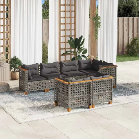Salon de jardin avec coussins 7 pcs gris résine tressée