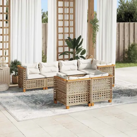 Salon de jardin avec coussins 7 pcs beige résine tressée