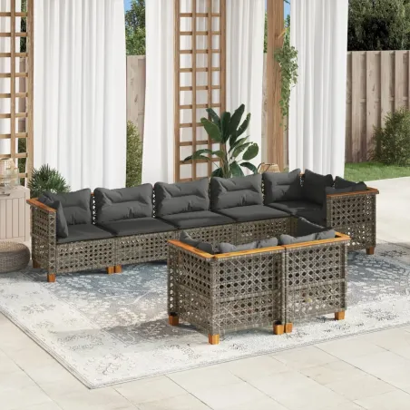Salon de jardin 8 pcs avec coussins gris résine tressée