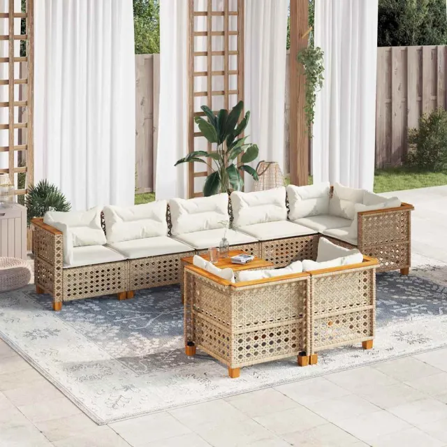 Salon de jardin avec coussins 9 pcs beige résine tressée
