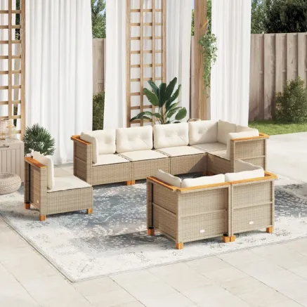 Salon de jardin avec coussins 8 pcs beige résine tressée