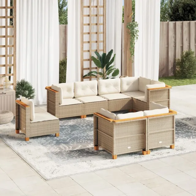 Salon de jardin avec coussins 8 pcs beige résine tressée