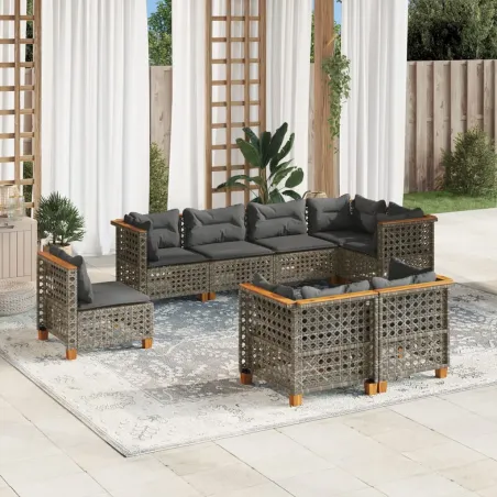 Salon de jardin 8 pcs avec coussins gris résine tressée