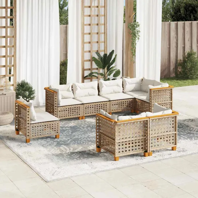 Salon de jardin avec coussins 8 pcs beige résine tressée