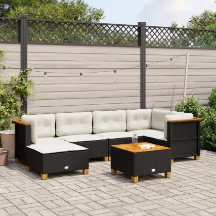 Salon de jardin 7 pcs avec coussins noir résine tressée