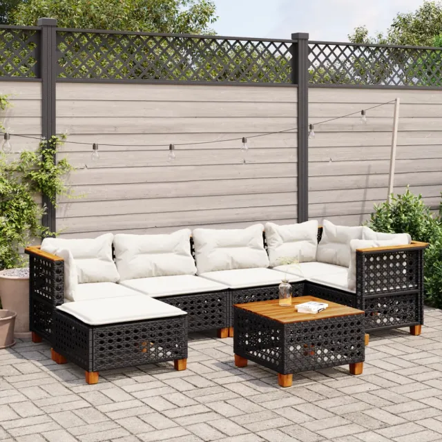 Salon de jardin 7 pcs avec coussins noir résine tressée