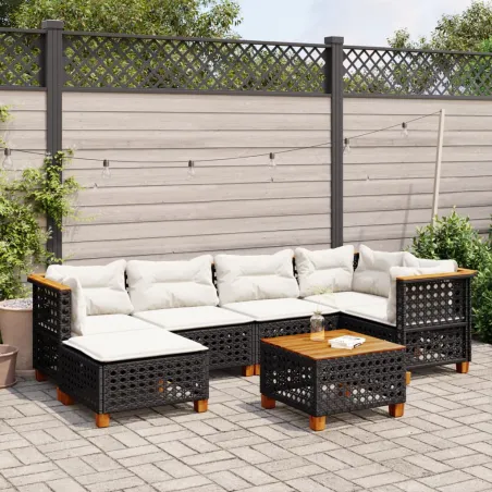 Salon de jardin 7 pcs avec coussins noir résine tressée