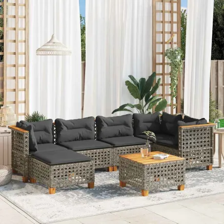 Salon de jardin avec coussins 7 pcs gris résine tressée
