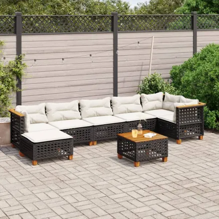 Salon de jardin 8 pcs avec coussins noir résine tressée