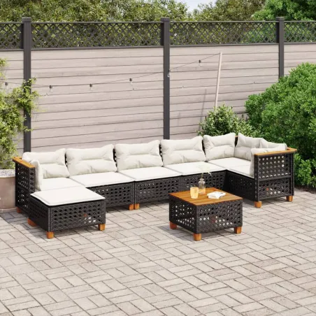 Salon de jardin 8 pcs avec coussins noir résine tressée