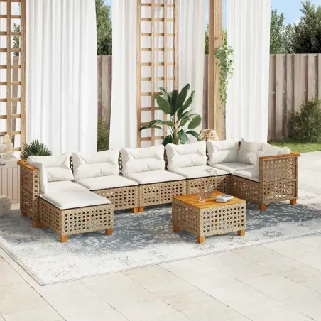 Salon de jardin avec coussins 8 pcs beige résine tressée