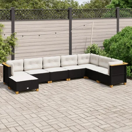 Salon de jardin 8 pcs avec coussins noir résine tressée