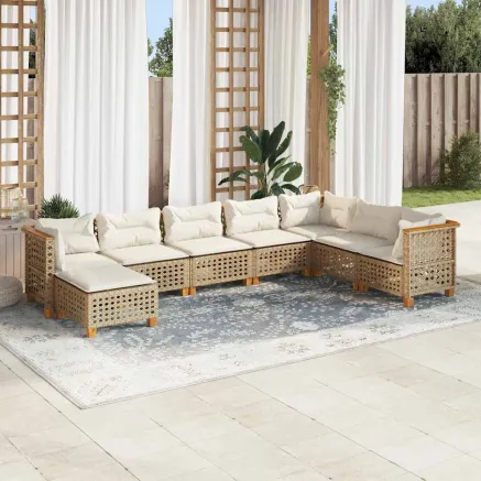 Salon de jardin avec coussins 8 pcs beige résine tressée