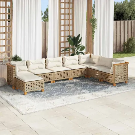 Salon de jardin avec coussins 8 pcs beige résine tressée