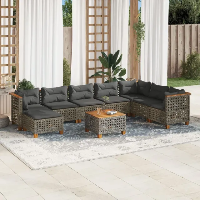Salon de jardin 9 pcs avec coussins gris résine tressée