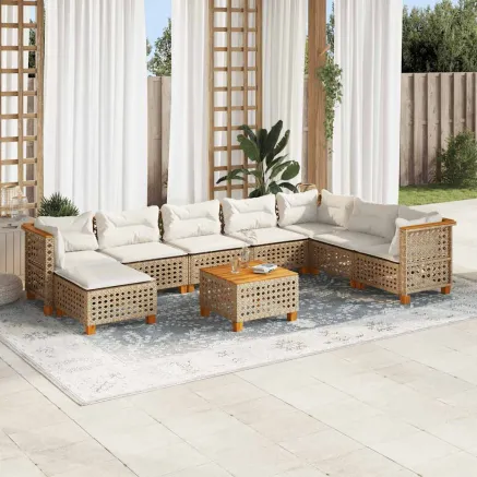 Salon de jardin avec coussins 9 pcs beige résine tressée