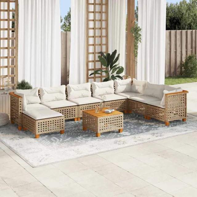 Salon de jardin avec coussins 9 pcs beige résine tressée