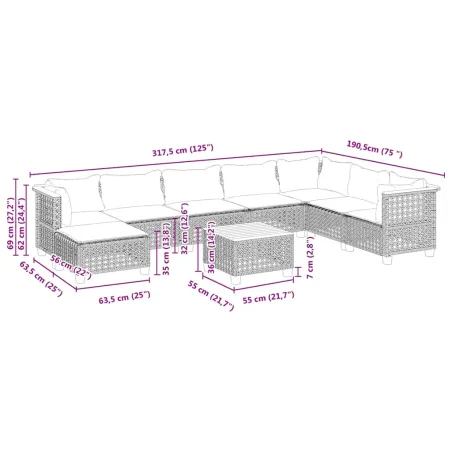 Salon de jardin avec coussins 9 pcs beige résine tressée