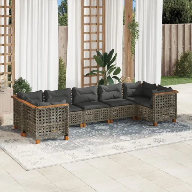 Salon de jardin avec coussins 7 pcs gris résine tressée