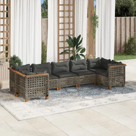 Salon de jardin avec coussins 7 pcs gris résine tressée