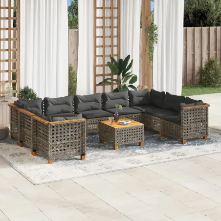 Salon de jardin avec coussins 10 pcs gris résine tressée