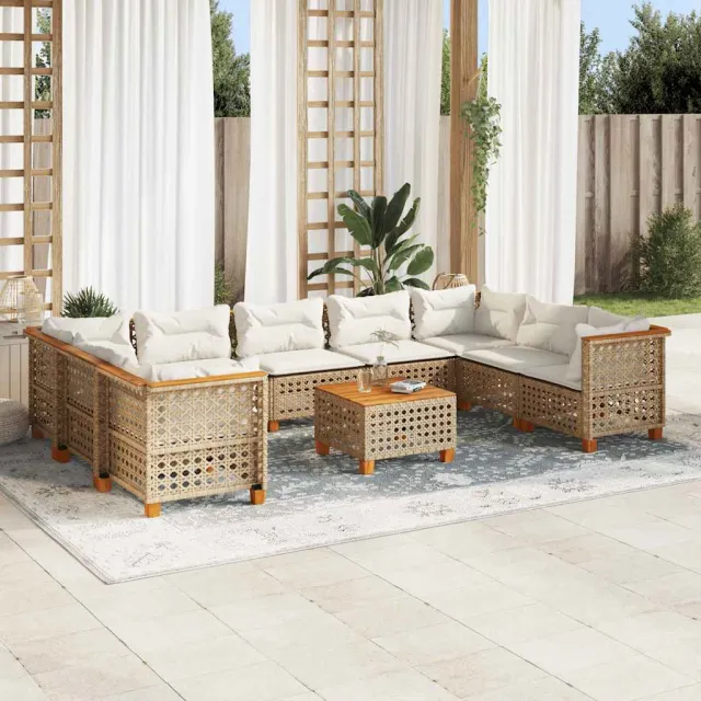 Salon de jardin avec coussins 10 pcs beige résine tressée