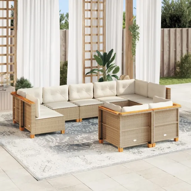 Salon de jardin avec coussins 9 pcs beige résine tressée