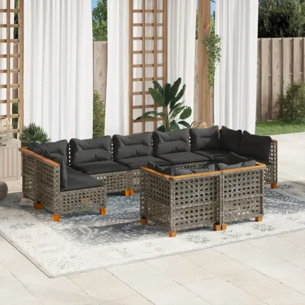 Salon de jardin 9 pcs avec coussins gris résine tressée