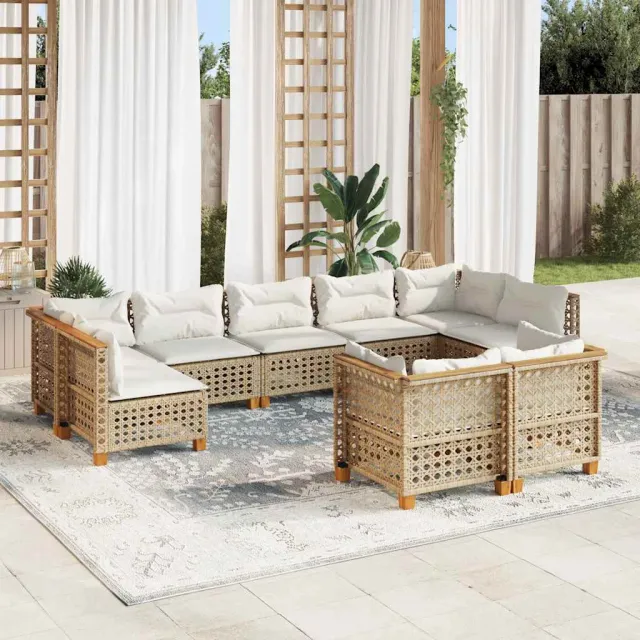 Salon de jardin avec coussins 9 pcs beige résine tressée