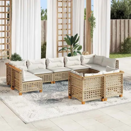 Salon de jardin avec coussins 9 pcs beige résine tressée