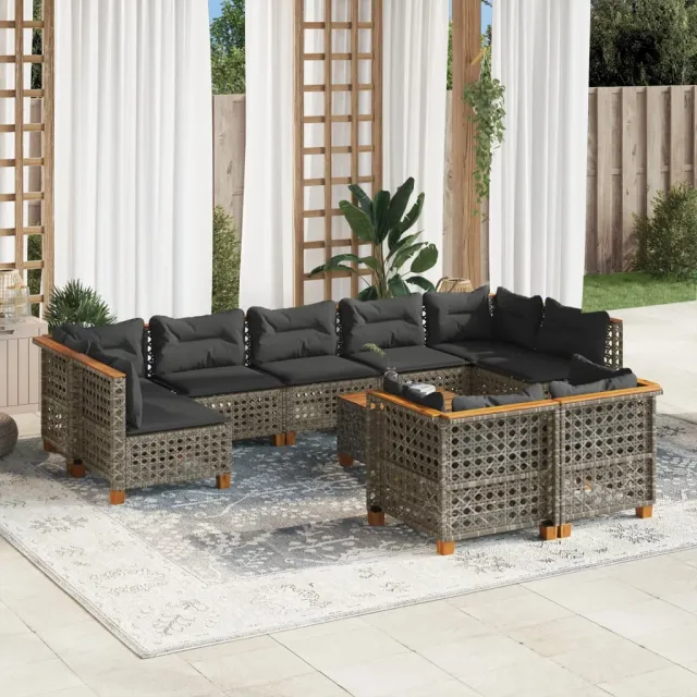 Salon de jardin avec coussins 10 pcs gris résine tressée