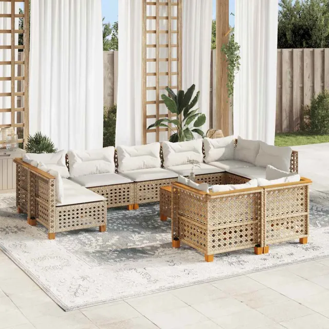 Salon de jardin avec coussins 10 pcs beige résine tressée